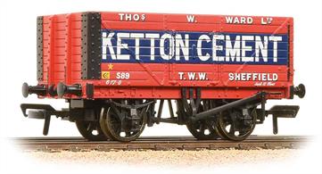 Although clearly lettered to advertise Ketton Cement this 8-plank open wagon was actually operated by well-known Sheffield coal factors Thos W Ward, whose name and TWW marks also appear on the wagon. It is most likely that this wagon was operated on a contract to supply coal for the Ketton cement companies' kilns, justifying the repainting of the wagon into the customers' colours.Era 3.
