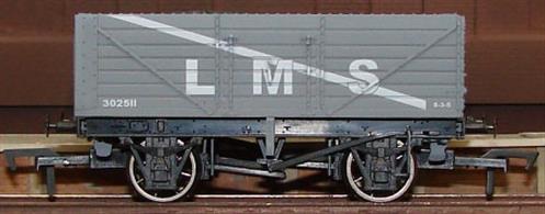 This open coal wagon, equiped with an end door, carries the LMS goods grey livery, complete with bodyside diagonal stripe intended to allow tipper operators to quickly identify which end the door was.