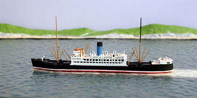 A 1/1250 scale metal model of the Salween, a British &amp; Burmese Steam Navigation Co. turbine steamer built by Denny Brothers in 1938. The model is fully painted &amp; finished, having arrived Sep 2016.