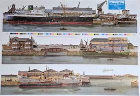 Sheet of three harbour or port wharf backscene sections, each approx 600mm/2 feet in length.Highest point 15cm and designed to be cut out and put in front of a coloured background.
