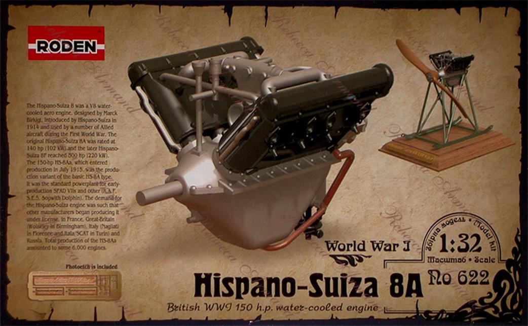 Roden 1/32 622 Hispano Suiza 8A 150hp  Aeroplane Engine Kit