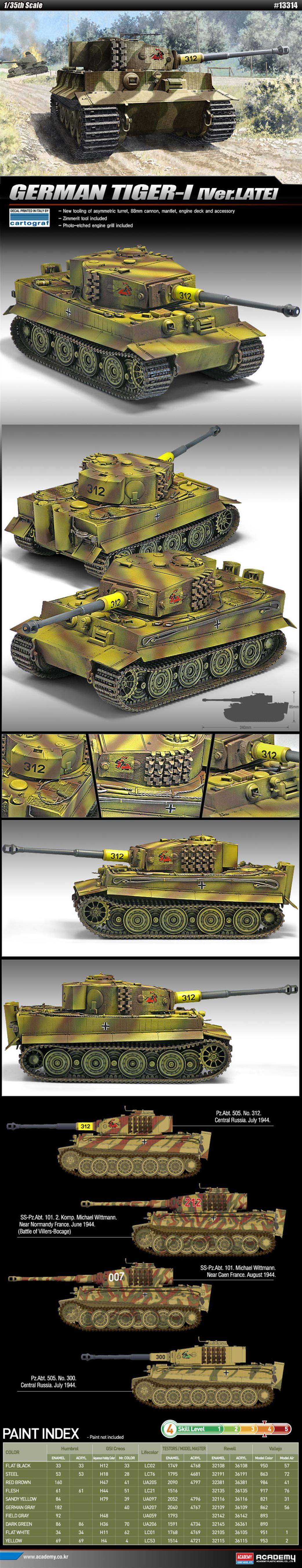 Academy 1/35 13314 German Tiger 1 Late Version WW2 Tank Kit