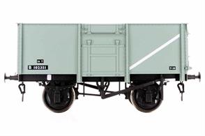 Dapol O Gauge model of British Railways diagram 1/109 16 ton riveted construction steel body mineral wagon B102351 with top flap doors.This detailed model of the riveted version of the  BR standard 16 ton mineral wagon is finished in early 1950s blue/grey livery.