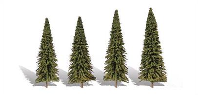 Pack of&nbsp;4 evergreen spruce trees, height range 3 1/2 to 5 1/2 inches.Typical scale heightO scale&nbsp;14 - 22 feetOO scale 22&nbsp;- 35 feetN scale 42 -&nbsp;66 feet