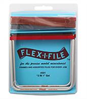 Flex-i-File “3 In 1” Set is a collection of 3 Anodized Aluminum Frames and an assortment of abrasive tapes for the precise model miniaturist.&nbsp; When secured on the lightweight Anodized Aluminum Frame, abrasive tapes will bend and conform to your work surface without breaking.&nbsp; The winning combination of abrasive tapes with the tailored frame tool provides a delicate touch for hairline accuracy.&nbsp; Removes flash from plastic or metal casting, smooth’s, and polishes rough surfaces and seams.&nbsp; Tough yet flexible the refill abrasive tapes can be used on wet or dry applications.Contents: 3 Anodized Aluminum Frames and 13 Assorted Abrasive Refill Tapes