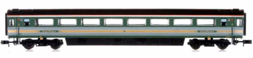 Model of BR Mk.3 HST trailer standards class passenger coach 42019 finished in the First Great Western green with gold stripes 'fag packet' livery.