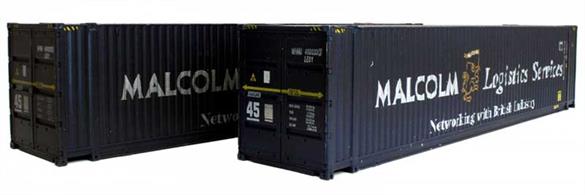 Pack of 2 45 foot length high cube ISO shipping containers finished as Malcolm Logistics containers 450033-3 &amp; 450029-4 with weathered finish.