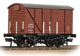 A good model of the BR design shock-absorbing covered box van with corrugated steel ends.The side mounted shock absorbers allowed the body limited movement end-to-end, offering protection for the load from the sudden jolts of shunting.