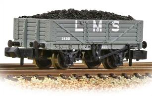 Model of a 5 plank open coal wagon in LMS grey livery.Era 3.