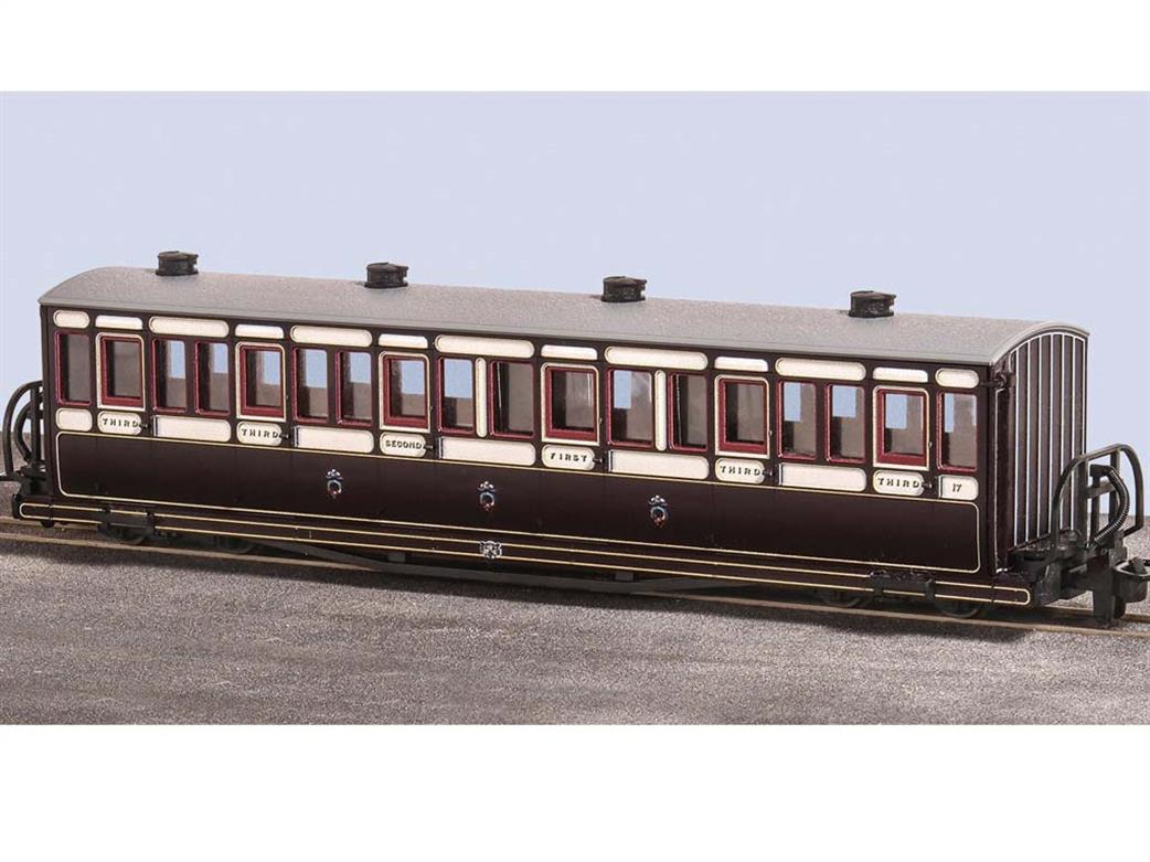 Peco OO9 GR-600A Festiniog Railway Bowside Bogie Composite Coach 17 Lined Purple-Brown & Cream