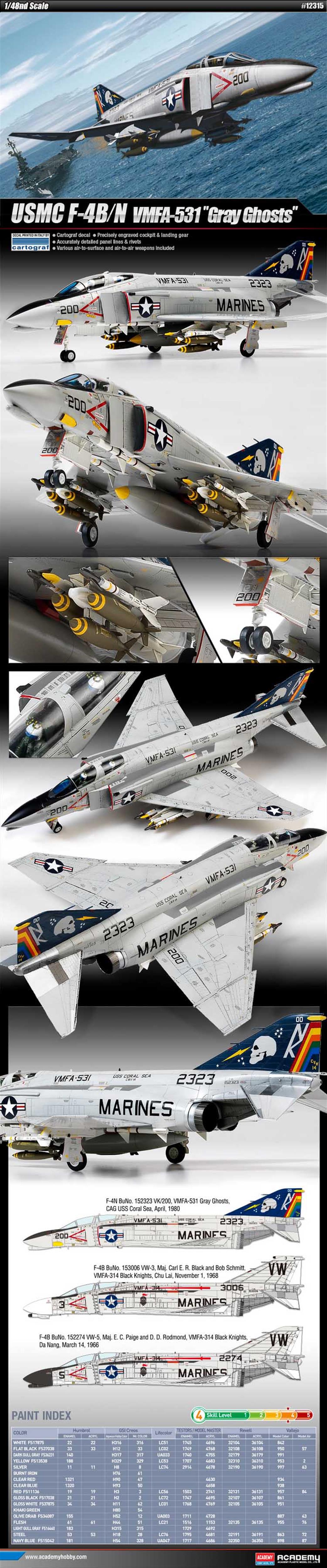 Academy 1/48 12315 USN Phantom F-4B/N VFMA-531 Gray Ghosts Jet Fighter Kit