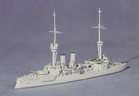 A 1/1250 scale metal model of the German battleship, Worth.The 4 members of the Brandenburg class mounted 6x11" guns, albeit that the centre turret mounted shorter guns to allow training on both beams, but succeeding classes were more conventional with 4 big guns. The members of this class spent some time at Tsingtao on the China Station, initially in their Victorian livery, and two ships were sold to Turkey before WW1. The remaining pair were used for gunnery training and accommodation but the Turkish Heireddin Barbarossa and Torgut Reis were both active in the Balkan Wars, bombarding Bulgarian positions. Barbarossa was sunk by the British submarine, E11 in 1915 but Torgut Reiss became a school ship in 1928 and two of her 11" turrets with their guns were mounted overlooking the Dardanelles in the 1930s and the Torgut Reis battery survives to this day (without breeches in the guns) and can be visited on the Asian shore.