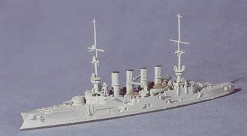 A 1/1250 scale metal model of Scharnhorst, flagship of the East Asiatic Squadron in 1914 by Navis Neptun 31N. With sistership Gneisenau, she overwhelmed the British Armoured Cruisers at the Battle of Coronel but was crushed by the British Battlecruisers at the Falklands a few weeks later.