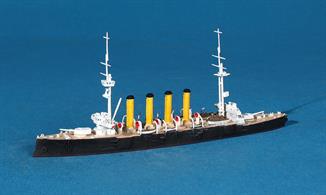 A 1/1250 scale model of HMS Hogue in Victorian livery specially made following a request from Antics for cruisers to match the Victorian liveried pre-dreadnoughts, Mars &amp; Goliath.