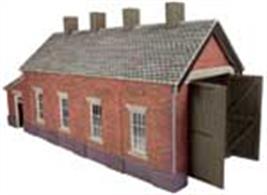 Stations on branchlines and cross-country routes required only a small engine shed to house the branch or pick-up goods locomotive. This Metcalfe PO331  OO gauge Single Track Engine Shed Red Brick pre-cut printed card kit is ideal to fill this role.Footprint 235mm x 85mm (length including office)
