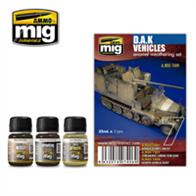 MIG Productions 7406 Weathering Enamels Pigment - Deutsche Afrika Korps VehiclesHigh quality enamel paint - 3 tones. 3 jars each containing 35ml.This is the perfect set for weathering desert toned vehicles in North Africa