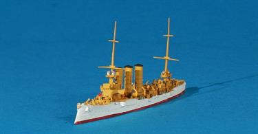 A 1/1250 scale metal model of the German cruiser, SMS Emden, in the tropical livery worn before the outbreak of WW1.