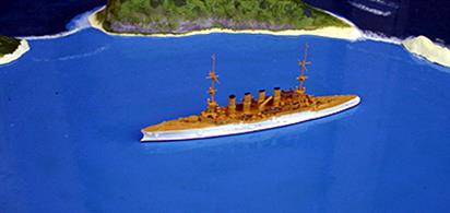 A 1/1250 scale model of SMS Scharnhorst, flagship of the East Asiatic Squadron, with sistership Gneisenau, she overwhelmed the British armoured cruisers HMS Good Hope &amp; HMS Monmouth at the Battle of Coronel but was crushed by the British battlecruisers, HMS Invincible &amp; HMS Inflexible at the Battle of the Falklands. The model is painted in the white and buff livery used before the outbreak of war in 1914.