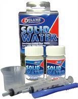 Deluxe Materials Solid Water 90ml BD35Simulates Chrystal Clear Water - special clear low odour resin. Easy to use, sets solid to simulate water in scenic or miniaturist modelling eg; aquaria, drinks, ponds.Kit contains resin, hardener, 2 syringes, mixing cup. Mixing ratio: 2 parts resin/1 part hardener. May be coloured with resinous toning dyes. Once set Solid Water is permanent.