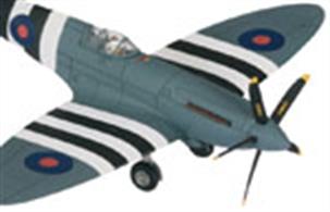 A detailed model of one of the later Spitfires, the photo reconnaissance Mk.X!X, equiped with 5 a bladed propellor to absorb the greatly enhanced engine power.These were among the last Spitfires in service with the RAF, serving in the reconnaissance role, with three of the type being transferred to the RAF historic flight at the end of their service lifes. Through many changes in name, location and composition the historic flight grew into the Battle of Britain Memorial Flight, with their permanent home at RAF Coningsby.The BBMF aircraft are often finished in schemes which, while not entirely accurate for the aircraft, commemorate individual pilots and missions. This model is finished in the blue scheme used by the photo reconnaissance aircraft during WW2, with invasion stripe recognition markings as the real aircraft has been finished by the BBMF to mark the role of the reconnaissance squadrons, providing a steady flow of intelligence as major operations like Overlord were planned and implemented.