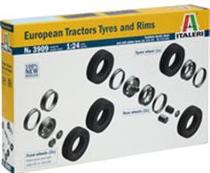 Italeri 3909 1/24th European Tyres &amp; Rims for Italeri Truck KitsTHE BOX CONTAINS 7 TYRES + 7 RIMS :2 front rims and tyres size 385/65 R22.5 - 5 rear rims and tyres size 315/80 R22.5 