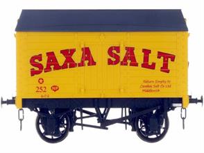 Detailed model of a 9 plank sided covered salt van with peaked wood roof based on RCH 1887 design specifications finished in the well-known bright yellow livery of Saxa Salt.