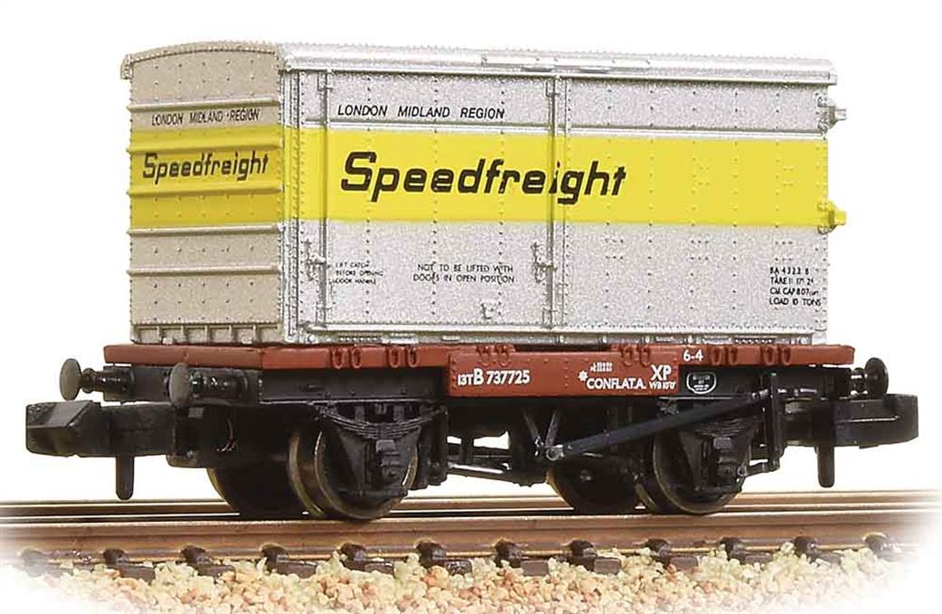 Graham Farish N 377-345 BR Conflat with Unventilated Alloy BA Type Container Speedfreight Livery