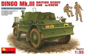 Mini Art 35077 1/35 Scale Daimler Dingo Mk.111 Armoured Car With Crew This kit has 262 parts and includes photo etched detailing parts and 3 crew figures. A decal sheet and comprehensive illustrated instructions are supplied with the kit.Glue and paints are required 