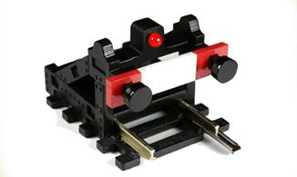 A model of a substantial buffer stop, as might be found at a terminus station or bay platform track, equiped with a working LED red stop light.Fixed to a short length of code 100 track with a fishplate for joining to sectional or flexible track the buffer stop is ready to instal. This wireless version is designed to run from the DCC track power supply.