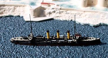 A detailed fully finished 1:1250 scale waterline model of the Russian cruiser Oleg.