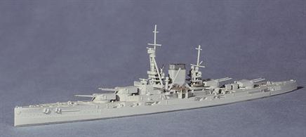 A 1/1250 scale model in metal of the last German battlecruiser design of WW1. Based on the Mackenson class but with 15" guns and the funnels trunked together, the intention was to counter the British "Admiral" class, of which HMS Hood was the only one completed. Although the design staff continued to tweak the design into 1918, there was no realistic possibility of the ships being built and no names were allocated (Ersatz Yorck meaning replacement for the armoured cruiser SMS Yorck).