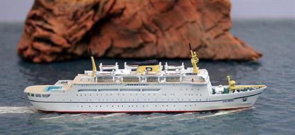 Dana Sirena, the Danish ferry chartered by Prinzenlinien during 1975 and modelled in 1/1250 scale by Risawoleska. This is a fully painted and finished collectors model, hand-made in Germany.