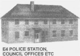 Card model kit to construct a brick-built office block. Printed signage is supplied to build this as a Police station.