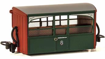 Detailed model of the Festiniog Railway open sided observation 'Bug Box' coach. A typical early Victorian era design of 4-wheel narrow gauge coach.Early preservation era green livery.