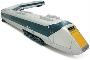 Highly detailed model of the APT-E experimental Advanced Passenger Train test train from the early 1970s.This 4-car test train was powered by gas turbines and incorporated a number of features being developed for the proposed next generation of British express passenger trains. Test runs were operated on the Great Western mainline between 1973 and 1975, with the experimental train being sent to the NRM at York for preservation in 1976.DCC Ready model for use with analogue DC controllers.