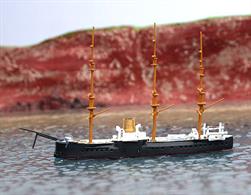 A 1/1250 scale model of the first ironclad designed and built in Germany. She was officially classed as an armoured corvette (= cruiser). After a short period of overseas service she became a guard ship and was hulked in 1888 because of corrosion in her iron hull. She was used for training stokers until withdrawn and broken up in 1906.&nbsp;