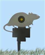 A robust metal rat outline target with a drop-down yellow target plate in the centre.The target size can be reduced using a cover plate attached to the rear of the rat with a smaller target aperture.A second target plate below the rat outline will reset the central target when hit.
