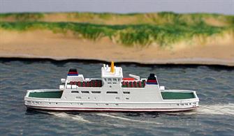 1:1250 scale painted metal model of the 2002 built ferry Frisia IV which connects the islands along the North Sea coast of Germany.