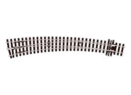 Left hand curved point for HOm 12mm narrow gauge, representing metre gauge railways.Also suitable for 3mm TT scale.Inner Radius: 457mm (18in), Outer Radius: 609mm (24in), Length: 237mm (9 3/8in).Templates for Peco points are available from the Peco website.