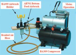 Fantastic Aibrush Deal!A complete airbrush and compressor deal comprising a high quality dual action bottom feed airbrush with an oil-less piston compressor, plus a braided air hose and airbrush holder.The compressor supplied is fitted with adjustable working pressure control, allowing 5 to 60 psi to be supplied, plus an internal air reservoir with a cut-out, with a running sound level of 47db and silent standby.