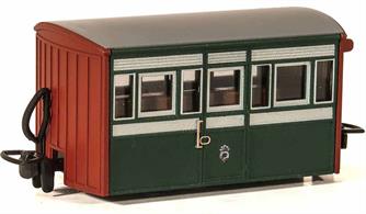 Detailed model of the Festiniog Railway 'Bug Box' enclosed third class coach. A typical early Victorian era design of 4-wheel narrow gauge coach.Early preservation era green livery.