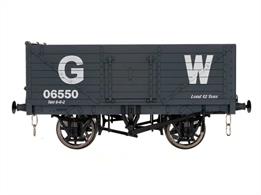 This model of a 7-plank end door type open wagon is painted in the GWR goods wagon grey livery.The number starting with a 0 indicates a wagon most likely on hire to fill an urgent requirement for more wagons. Photographs in the Gloucester RCW archives show similar wood underframe wagons lettered for the GWR and having a large fleet available for hire Gloucester could often supply wagons from stock very quickly.Features sprung buffers, 3-link couplings, metal wheels, opening side doors.