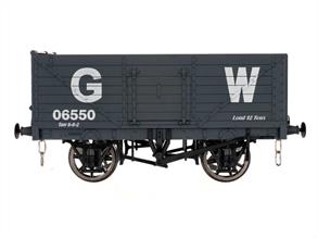 This model of a 7-plank end door type open wagon is painted in the GWR goods wagon grey livery.The number starting with a 0 indicates a wagon most likely on hire to fill an urgent requirement for more wagons. Photographs in the Gloucester RCW archives show similar wood underframe wagons lettered for the GWR and having a large fleet available for hire Gloucester could often supply wagons from stock very quickly.Features sprung buffers, 3-link couplings, metal wheels, opening side doors.