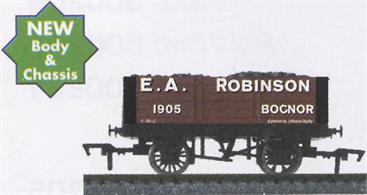 Dapol 4F-052-005 OO Gauge E A Robinson, Bognor 5-plank Open WagonA model of a 5-plank open coal wagon in the livery of Bognor coal merchant E A Robinson.Model features a new bodyshell mounted on the new Dapol wood solebar 9-feet wheelbase chassis.
