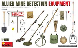 Kit Contains Models of Mine Detection Equipment. 4 Types of Allied Metal Detectors (Soviet, British/Polish and US), 2 Types of German Mines, Bags, Marking Flags. Decal Sheet is Included.