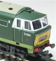 Detailed model of BR Western Region class 35 Hymek diesel hydraulic locomotive D7071 finished in two-tone green livery with small warning panels.The Class 35 Hymek type 3 hydraulic locomotives built by Beyer Peacock were highly regarded, proving both reliable and highly capable in their intended secondary passenger and general goods service roles with sufficient reserve of power to keep heavier express passenger services on the move when necessary. The Dapol model is driven by a five-pole motor mounted in a heavy chassis block, providing power and weight for train hauling and steady running at slow speeds. The detailed bodyshell features flush cab glazing, separately fitted wire handrails, yellow glow marker lights and headcode illumination.