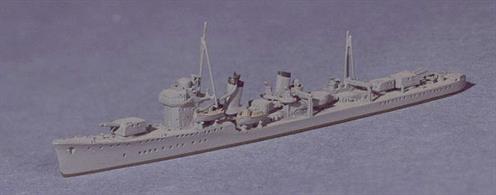 She was one of the Destroyers that showed signs of instability as first built and this model shows her with excessive topweight removed and she was also bulged to reduce the risk of capsize.