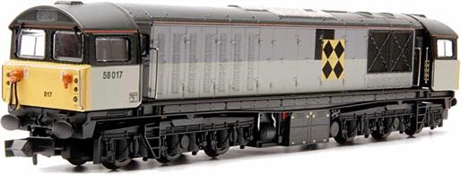 The British Rail Class 58 is a class of Co-Co diesel locomotive designed for heavy freight service. The narrow body with cabs at either end led to them being given the nickname 'Bone' by rail enthusiasts. They were used primarily on merry-go-round coal trains but could also be found hauling regular freight trains and occasional passenger service.Model of BR Railfreight locomotive 58002 Daw Mill Colliery finished in Railfreight triple grey livery with coal sub-sector black diamond logos.