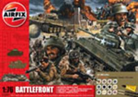 Airfix A50009A 1/76 D-Day Battlefront World War 2 Gift SetRe-enact the battle for Normandy with this new gift set from Airfix, Depicting a scene that is typical of the many meetings of opposing forces in the battles of Northern Europe in 1944, this set contains a Sherman and Tiger Tank, British Paratroops and German Infantry, a Forward Command Post and base to set everything out on. Operation Overlord.