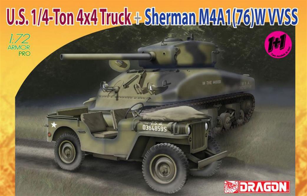 Dragon Models 1/72 7412 US 1/4 ton 4x4 Truck & Sherman M4A1 Tank Kit